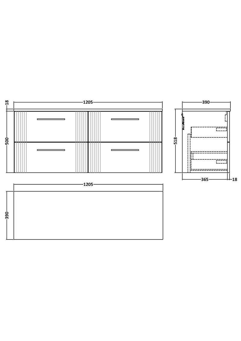 Deco 1200mm Wall Hung 4 Drawer Vanity Unit & Worktop - White Satin