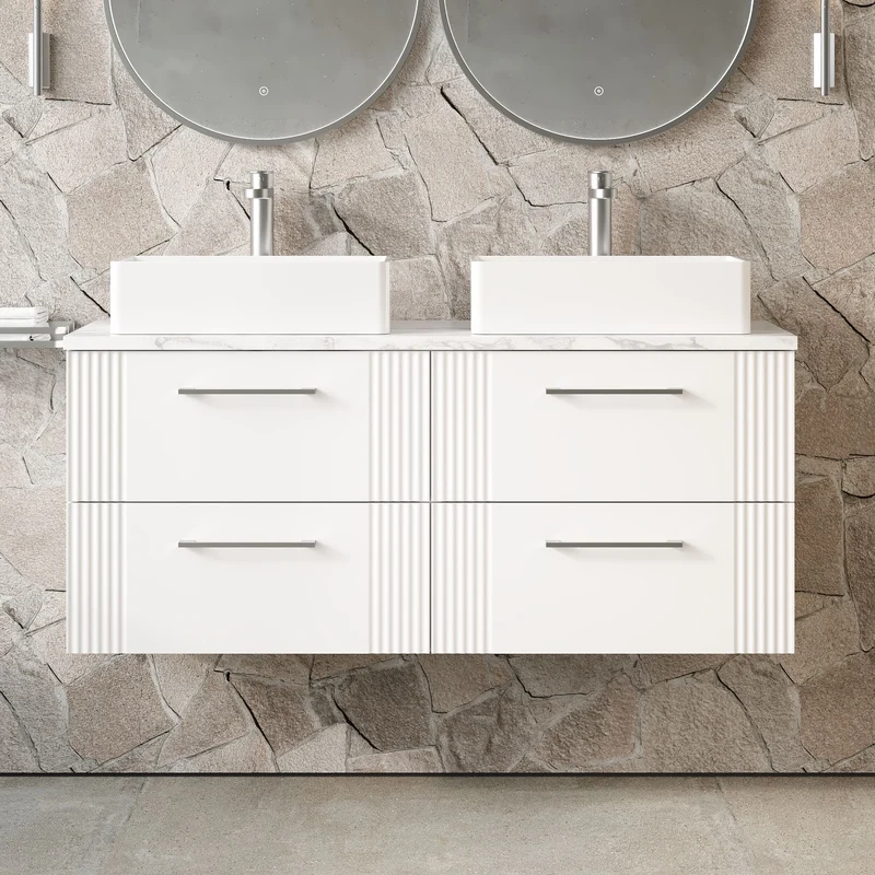 Deco 1200mm Wall Hung 4 Drawer Vanity Unit & Carrera Marble Laminate Worktop - White Satin