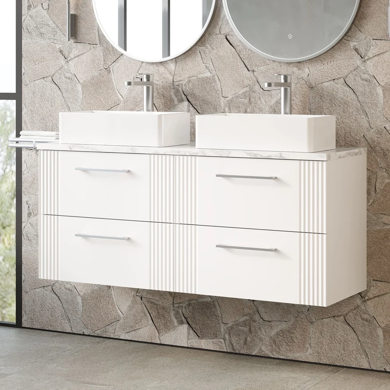 Deco 1200mm Wall Hung 4 Drawer Vanity Unit & Carrera Marble Laminate Worktop - White Satin