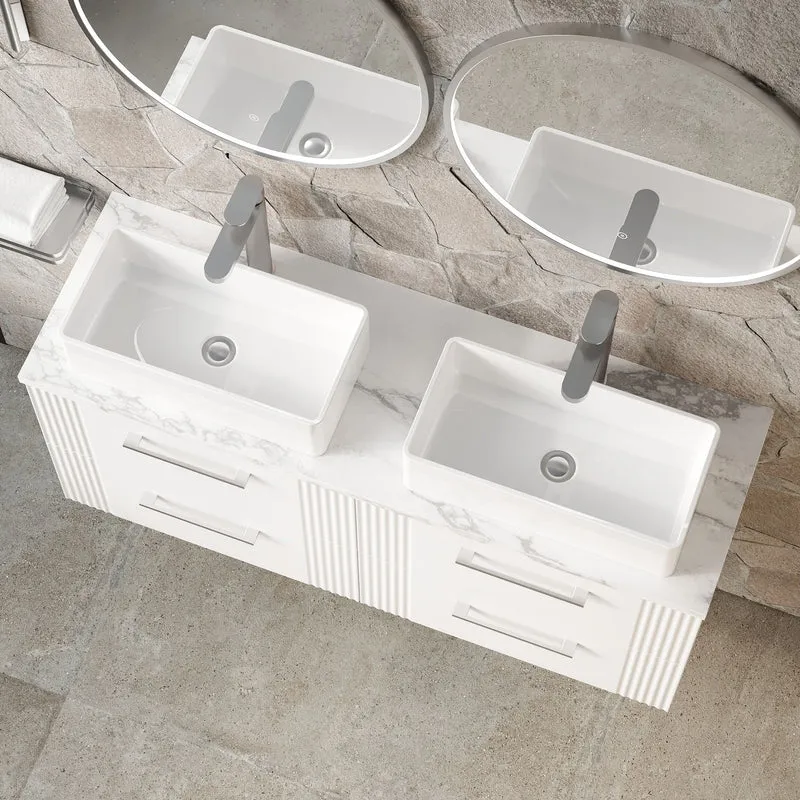 Deco 1200mm Wall Hung 4 Drawer Vanity Unit & Carrera Marble Laminate Worktop - White Satin