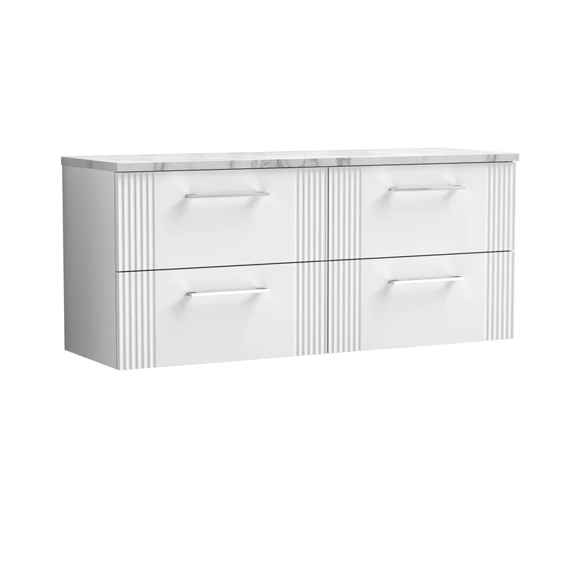 Deco 1200mm Wall Hung 4 Drawer Vanity Unit & Carrera Marble Laminate Worktop - White Satin