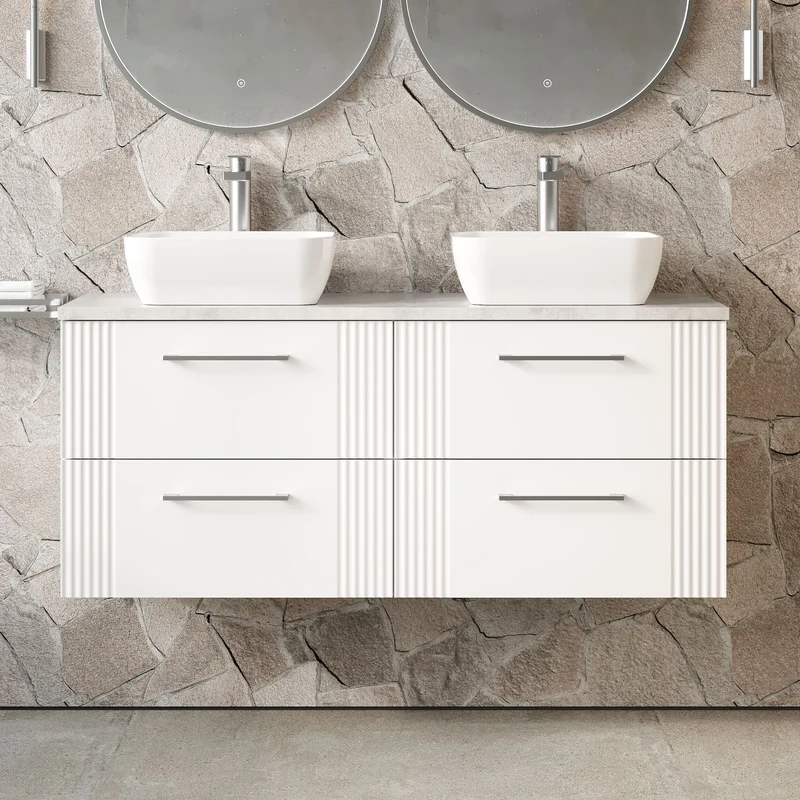 Deco 1200mm Wall Hung 4 Drawer Vanity Unit & Bellato Grey Laminate Worktop - White Satin