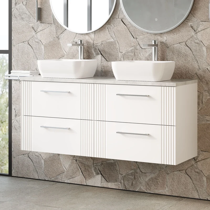 Deco 1200mm Wall Hung 4 Drawer Vanity Unit & Bellato Grey Laminate Worktop - White Satin