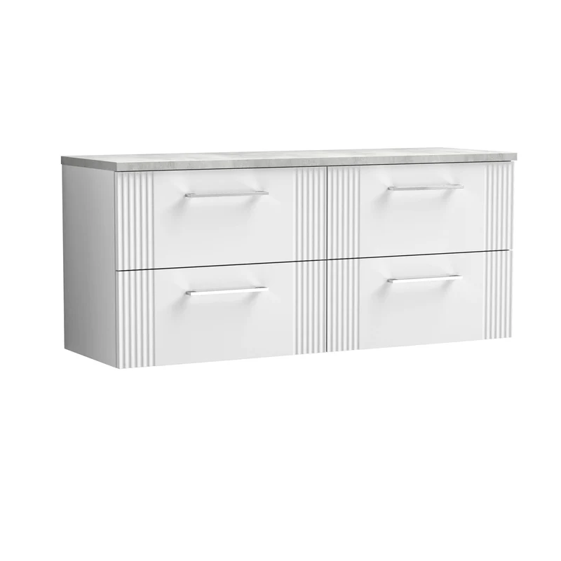Deco 1200mm Wall Hung 4 Drawer Vanity Unit & Bellato Grey Laminate Worktop - White Satin