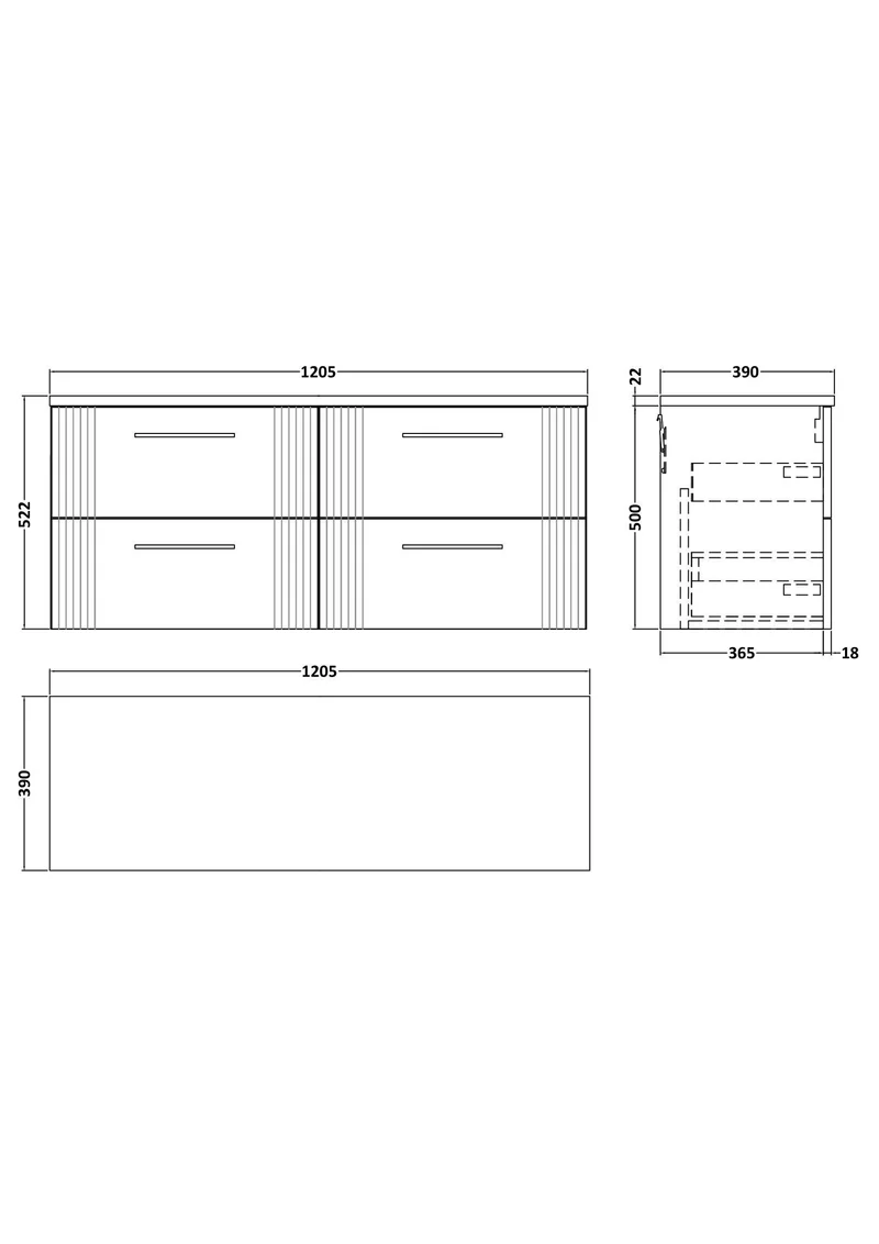 Deco 1200mm Wall Hung 4 Drawer Vanity Unit & Bellato Grey Laminate Worktop - White Satin