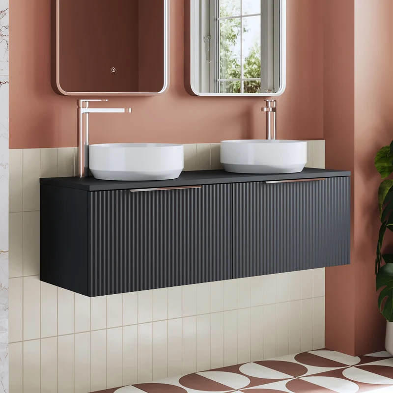 Deco 1200mm Wall Hung 2 Drawer Vanity Unit & Worktop - Soft Black Satin