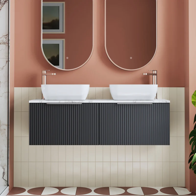Deco 1200mm Wall Hung 2 Drawer Vanity Unit & Carrera Marble Laminate Worktop - Soft Black Satin