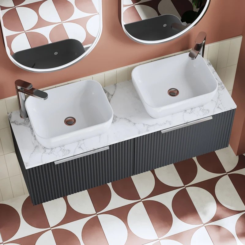 Deco 1200mm Wall Hung 2 Drawer Vanity Unit & Carrera Marble Laminate Worktop - Soft Black Satin