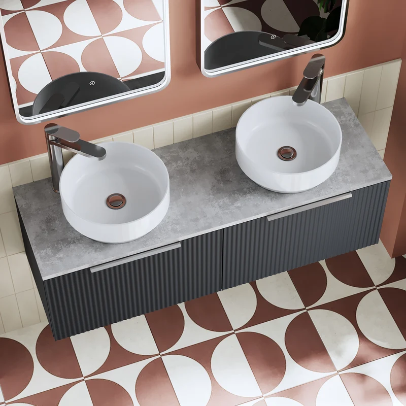 Deco 1200mm Wall Hung 2 Drawer Vanity Unit & Bellato Grey Laminate Worktop - Soft Black Satin