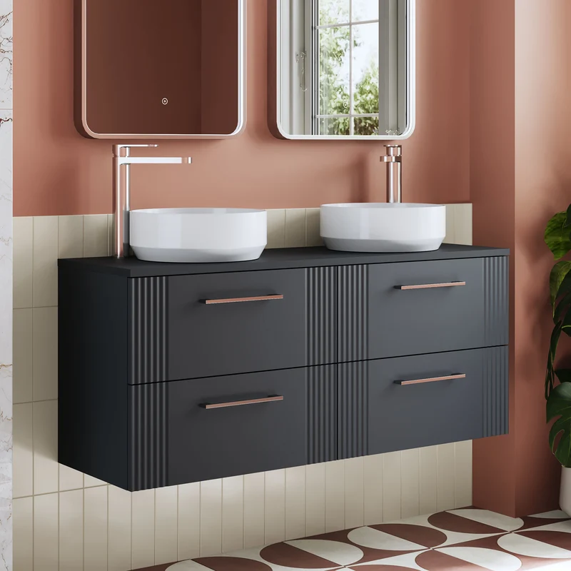 Deco 1200mm Wall Hung 4 Drawer Vanity Unit & Worktop - Soft Black Satin