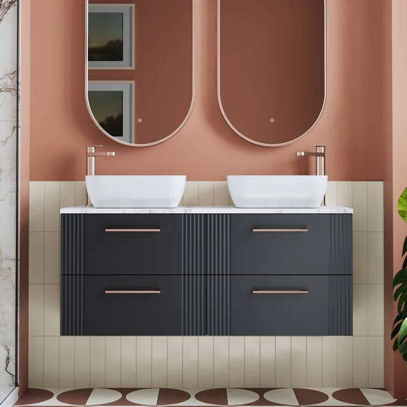 Deco 1200mm Wall Hung 4 Drawer Vanity Unit & Carrera Marble Laminate Worktop - Soft Black Satin