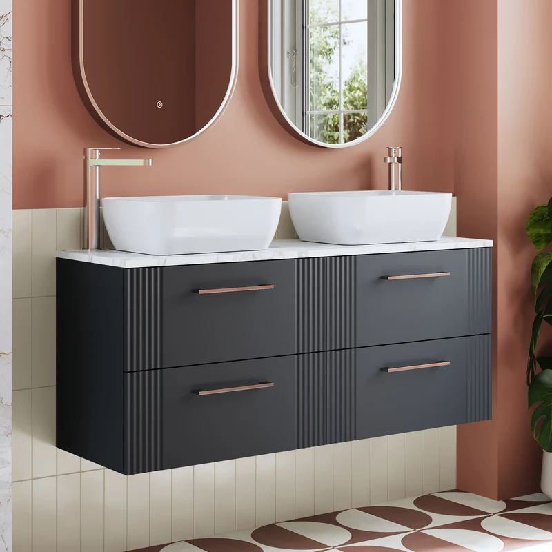 Deco 1200mm Wall Hung 4 Drawer Vanity Unit & Carrera Marble Laminate Worktop - Soft Black Satin