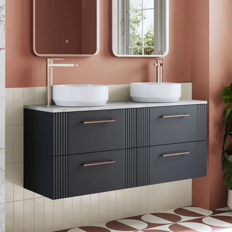 Deco 1200mm Wall Hung 4 Drawer Vanity Unit & Bellato Grey Laminate Worktop - Soft Black Satin