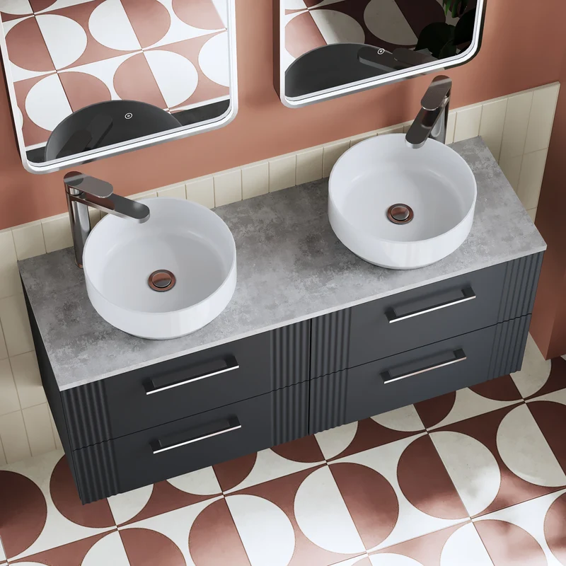 Deco 1200mm Wall Hung 4 Drawer Vanity Unit & Bellato Grey Laminate Worktop - Soft Black Satin