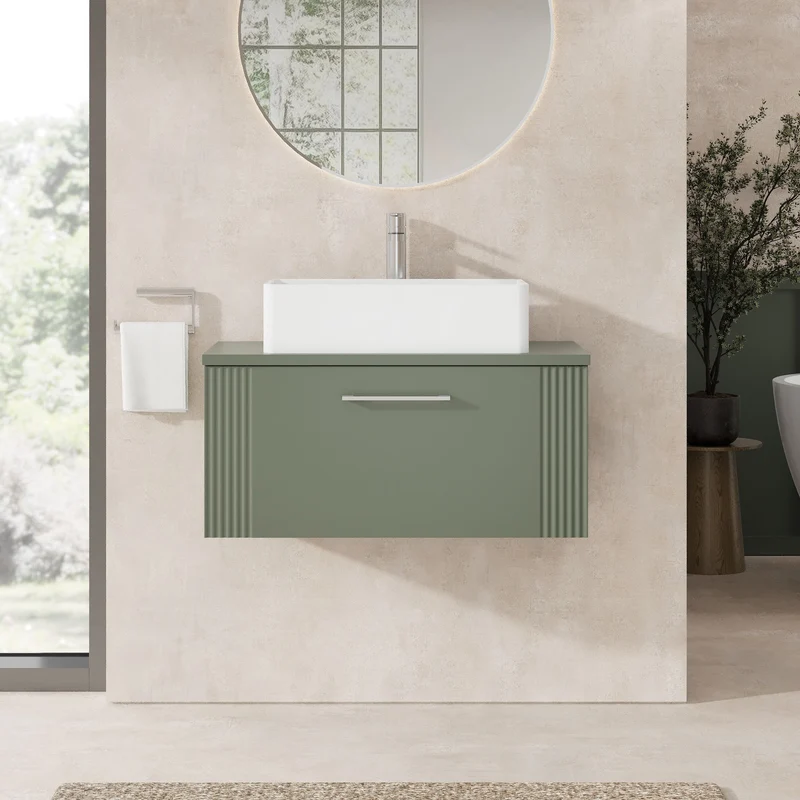 Deco 800mm Wall Hung 1 Drawer Vanity Unit & Worktop - Green Satin
