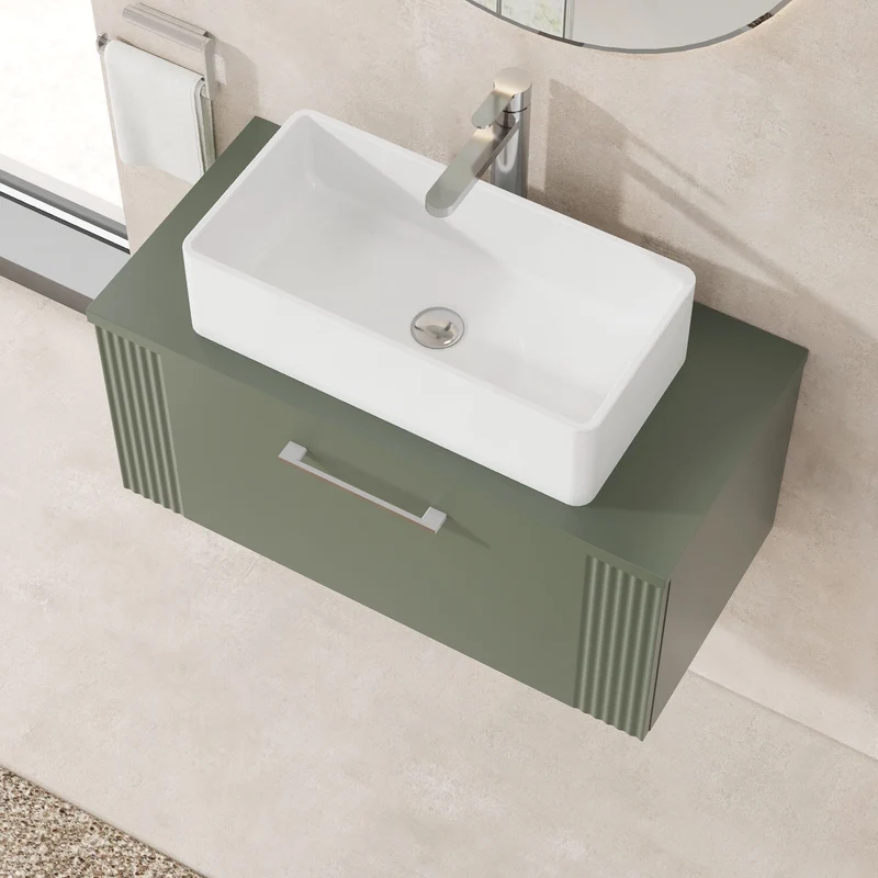Deco 800mm Wall Hung 1 Drawer Vanity Unit & Worktop - Green Satin