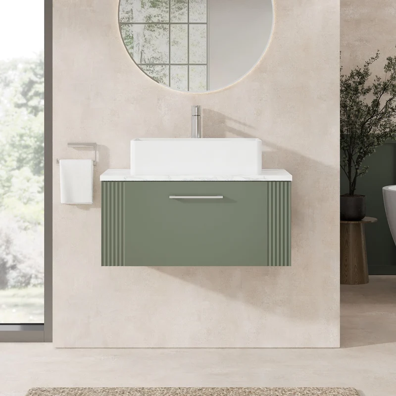 Deco 800mm Wall Hung 1 Drawer Vanity Unit & Carrera Marble Laminate Worktop - Green Satin