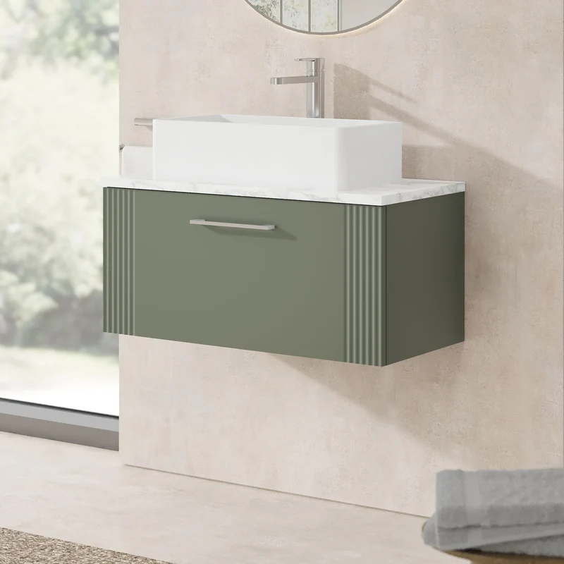 Deco 800mm Wall Hung 1 Drawer Vanity Unit & Carrera Marble Laminate Worktop - Green Satin