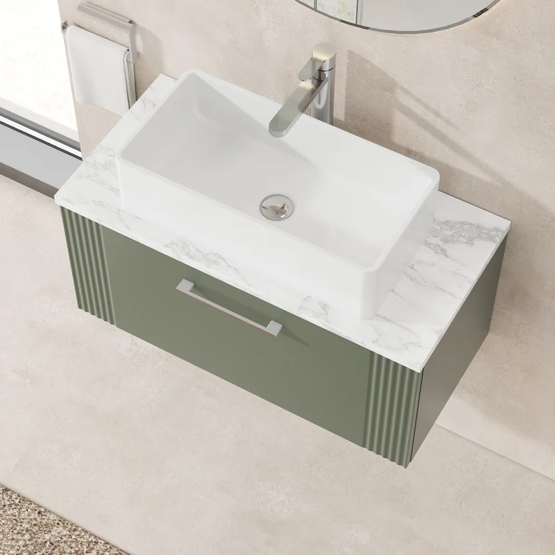 Deco 800mm Wall Hung 1 Drawer Vanity Unit & Carrera Marble Laminate Worktop - Green Satin