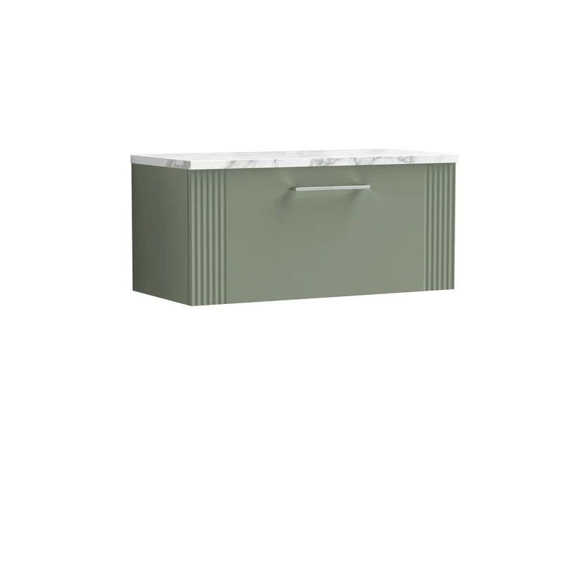 Deco 800mm Wall Hung 1 Drawer Vanity Unit & Carrera Marble Laminate Worktop - Green Satin