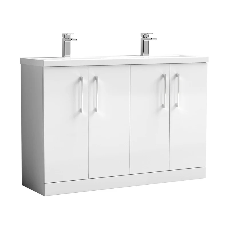 Nuie Arno 1200mm Floor Standing 4 Door Vanity & Double Basin 2 Contemporary Gloss White MFC Painted Gloss 840x1205x383mm