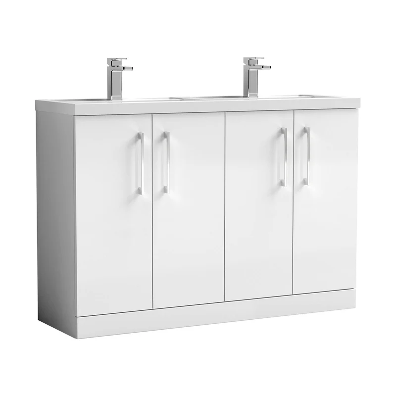 Nuie Arno 1200mm Floor Standing 4 Door Vanity & Double Basin 1 Contemporary Gloss White MFC Painted Gloss 840x1205x383mm