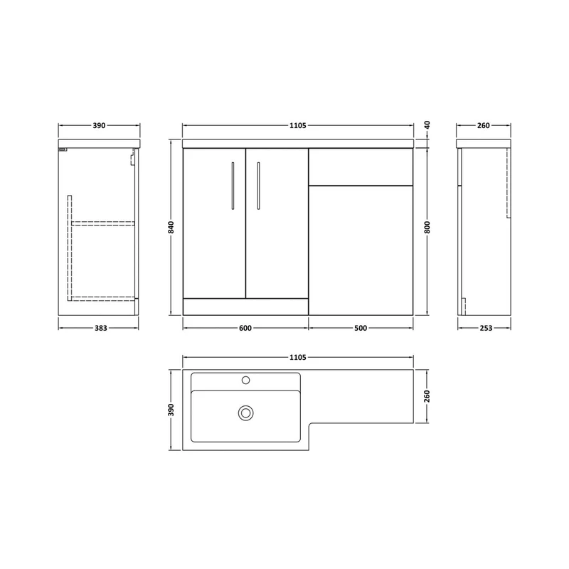 Nuie Arno 1100mm Left Hand Combination Contemporary Gloss White MFC Painted Gloss 858x1105x390mm