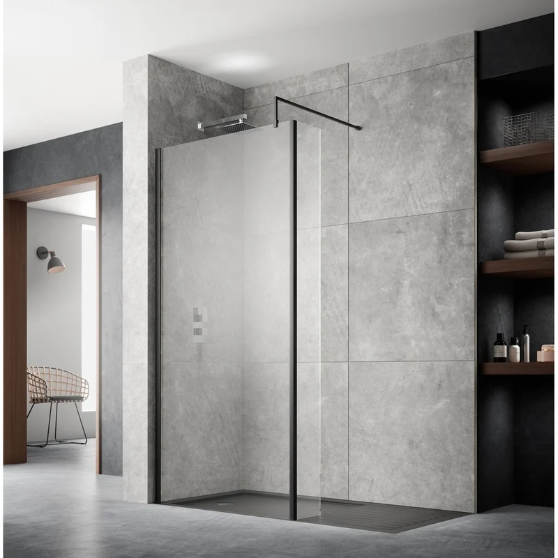 Nuie 1400mm Wetroom Screen With Support Bar Contemporary Matt Black Aluminium 1850x1400x14mm