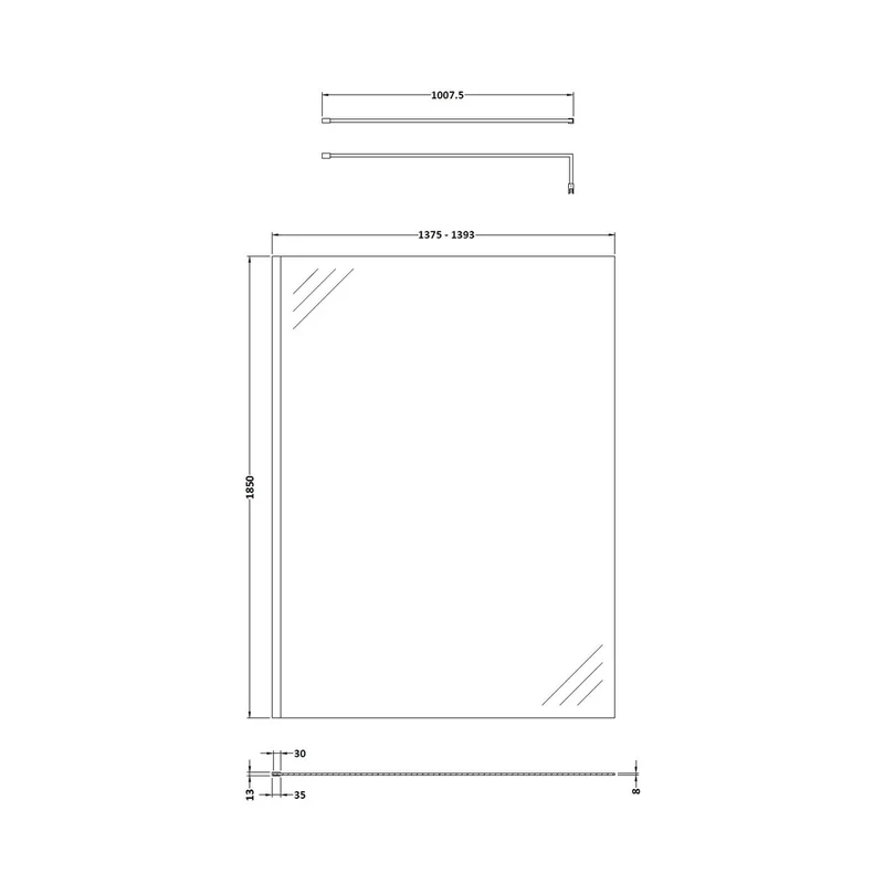 Nuie 1400mm Wetroom Screen With Support Bar Contemporary Matt Black Aluminium 1850x1400x14mm