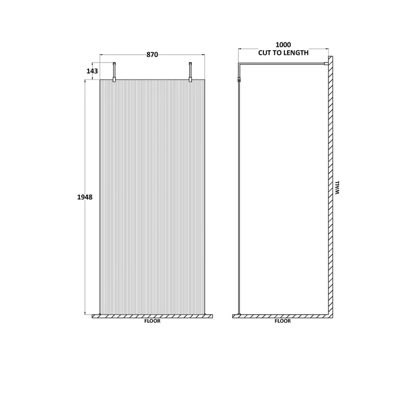 Hudson Reed Wetroom Screens 1000mm Fluted Wetroom Scren With Arms & Feet Contemp Brushed Brass Aluminium 2070x1050x1000mm