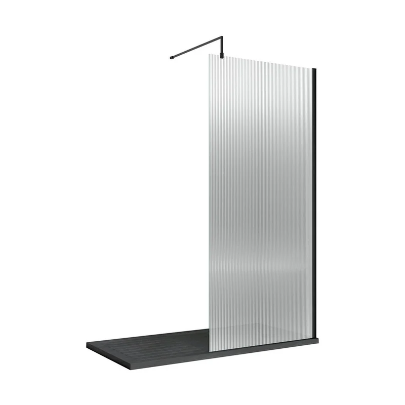 Hudson Reed Wetroom Screens 1000mm Fluted Wetroom Screen With Support Bar Contemp Matt Black Aluminium 2070x1050x1970mm