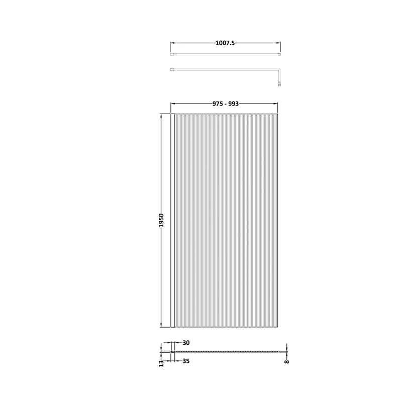 Hudson Reed Wetroom Screens 1000mm Fluted Wetroom Screen With Support Bar Contemp Brushed Brass Aluminium 2070x1050x1970mm