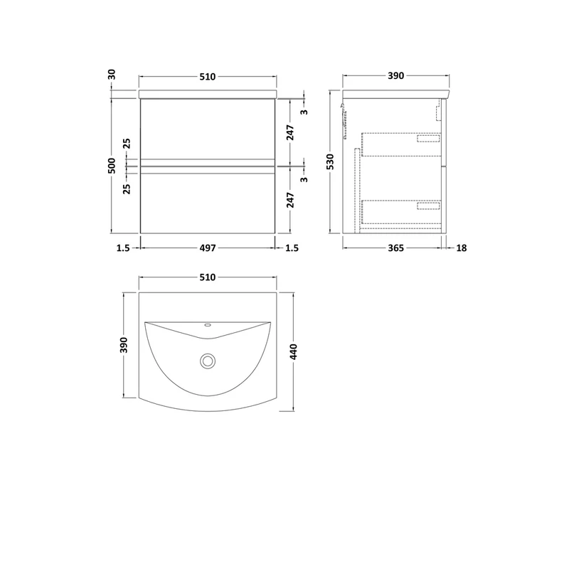 Hudson Reed Urban 500mm Wall Hung 2 Drawer Vanity Unit & Basin 4 Contemp Satin Grey MFC Painted Matt 530x510x440mm