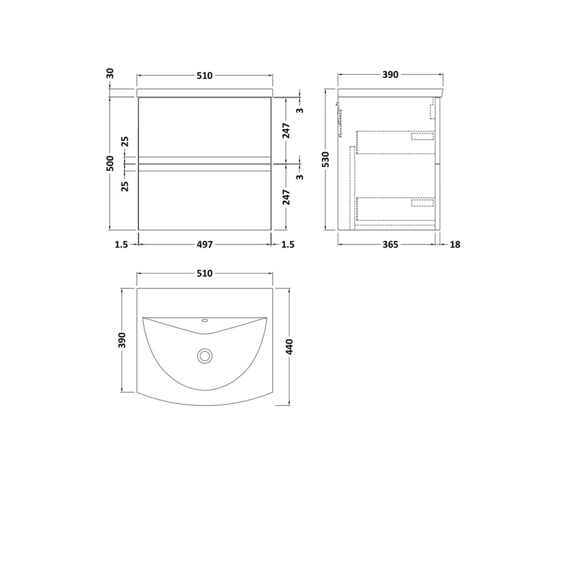 Hudson Reed Urban 500mm Wall Hung 2 Drawer Vanity & Basin 4 Contemp Soft Black MFC Painted Matt 525x510x440mm
