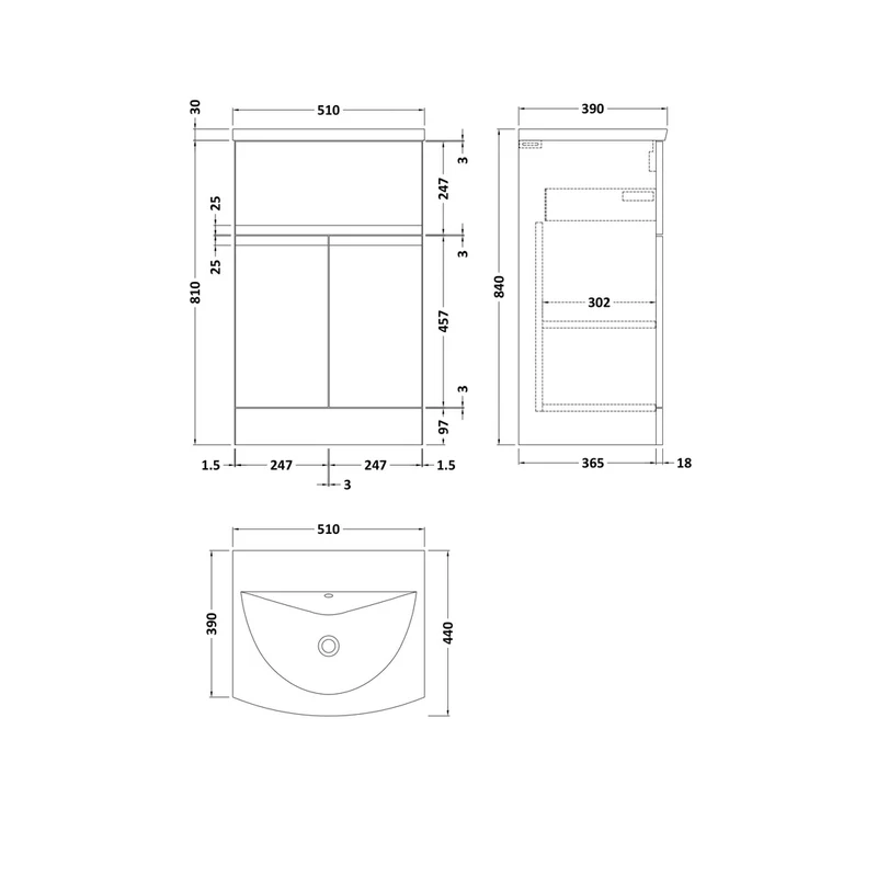 Hudson Reed Urban 500mm Floor Standing 2 Door/drawer Vanity Unit & Basin 4 Contemp Satin Grey MFC Painted Matt 840x510x440mm