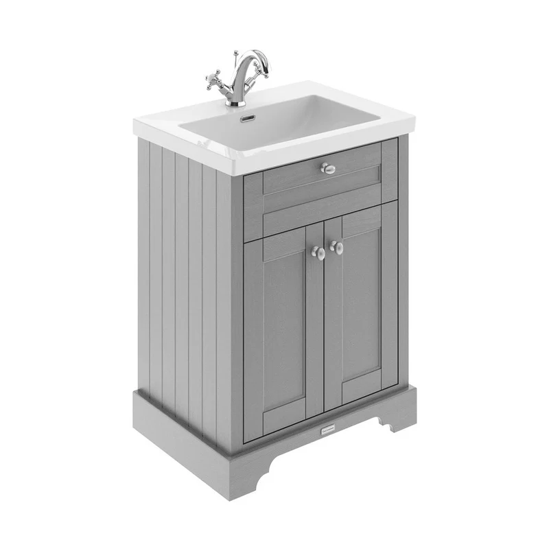 Hudson Reed Old London 600mm 2-door Unit & Contemp Fireclay Basin 1th Trad Storm Grey Fireclay,MDF Vinyl Textured Woodgrain 462x613x855mm