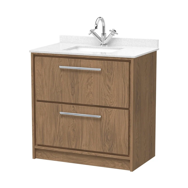 Hudson Reed Lille 800mm Floor Standing 2-drawer Vanity With Marble Worktop Basin Contemp Antique Oak MFC Textured Woodgrain,vitreous China 878x820x470mm
