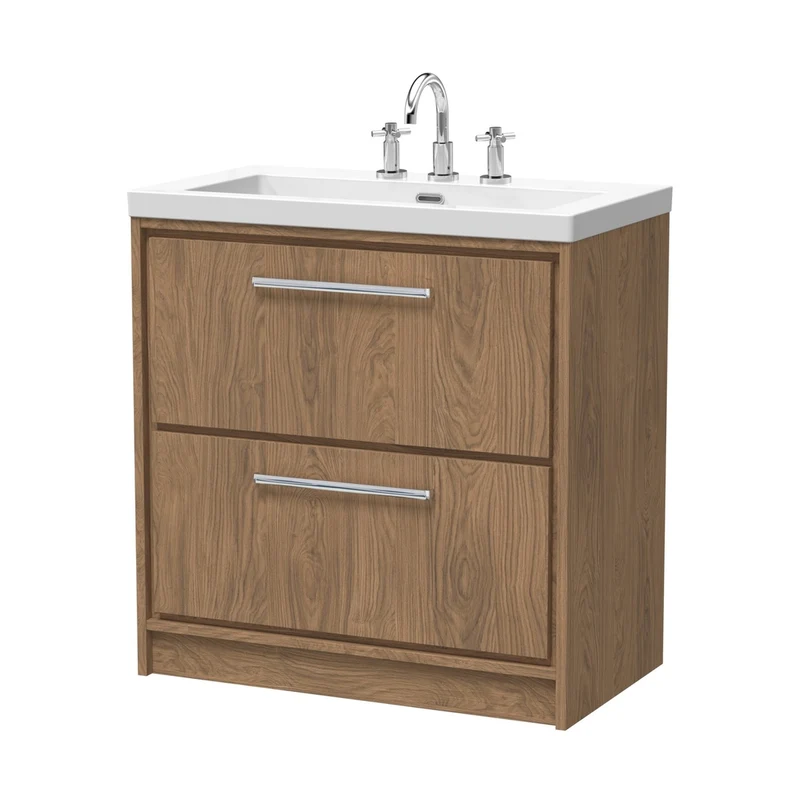 Hudson Reed Lille 800mm Floor Standing 2-drawer Vanity With Basin - 3 Tap Hole Contemp Antique Oak Fireclay,MFC Textured Woodgrain 845x813x462mm