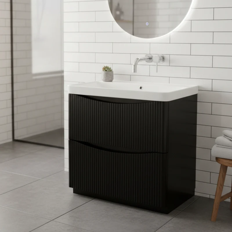 Happi Full Fluted 800mm Floor Standing Vanity Unit & Basin With No Tap Holes - Black