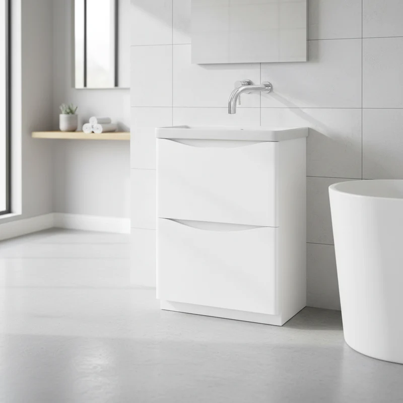 Happi 600mm Floor Standing Vanity Unit & Basin with No Tap Holes - Gloss White