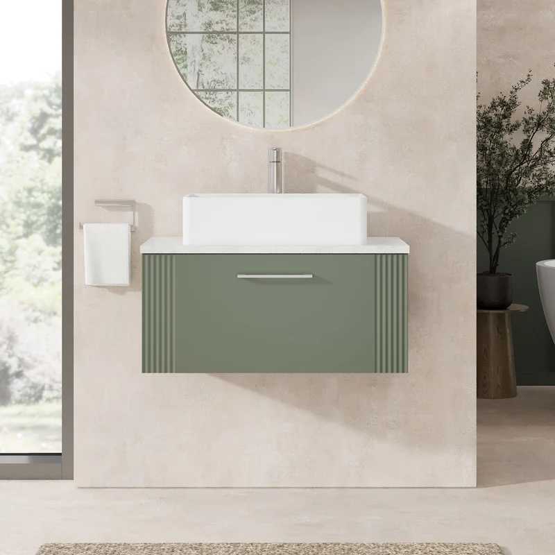 Deco 800mm Wall Hung 1 Drawer Vanity Unit & Bellato Grey Laminate Worktop - Green Satin