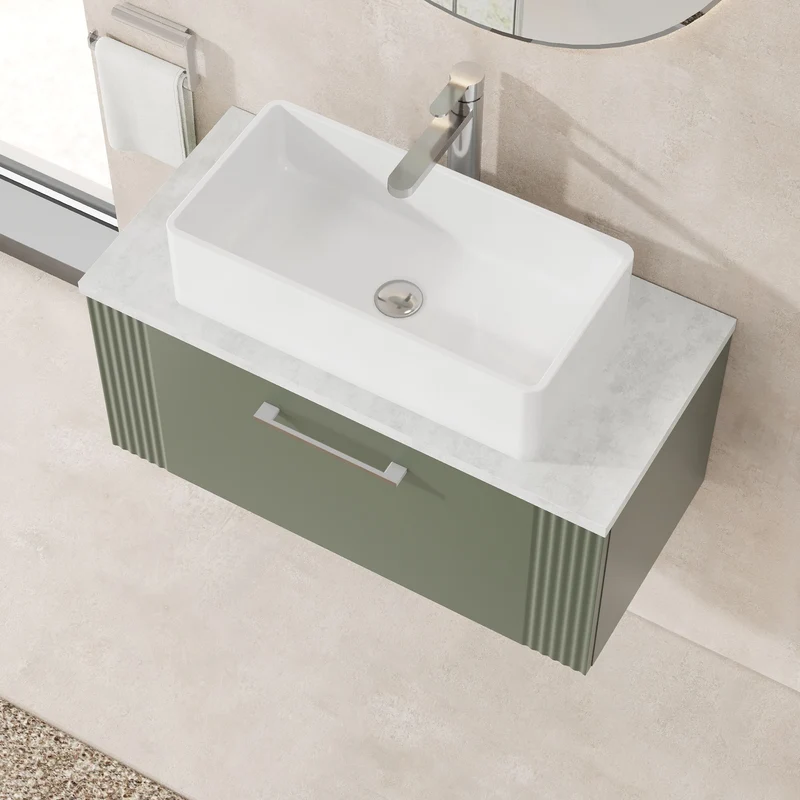 Deco 800mm Wall Hung 1 Drawer Vanity Unit & Bellato Grey Laminate Worktop - Green Satin