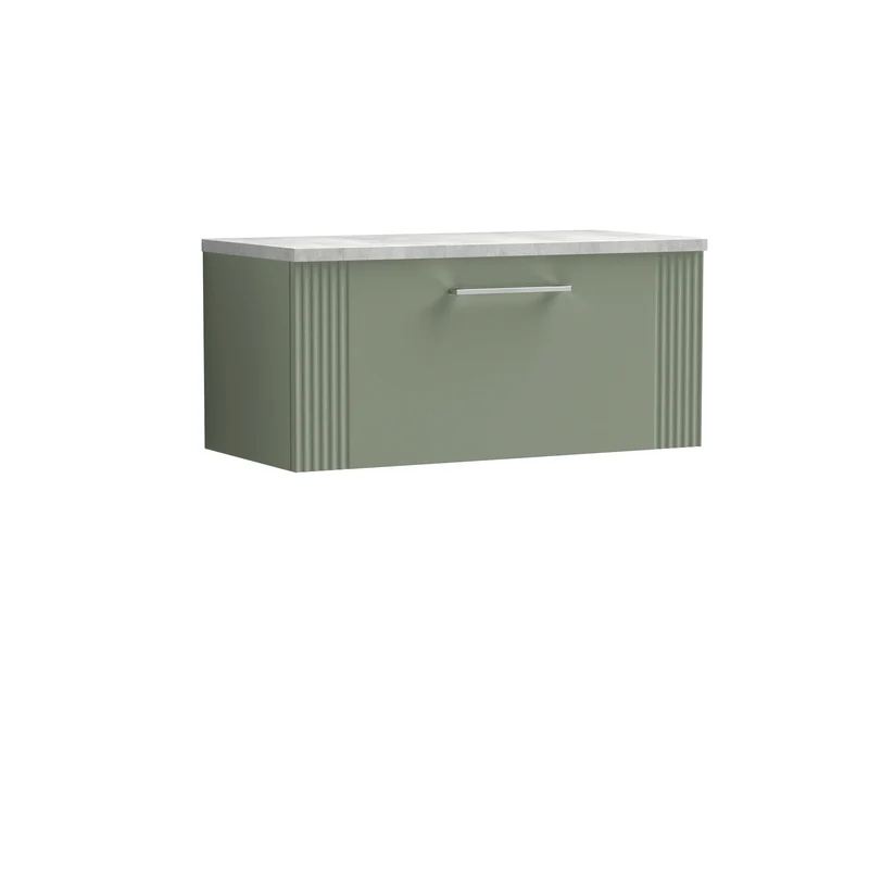 Deco 800mm Wall Hung 1 Drawer Vanity Unit & Bellato Grey Laminate Worktop - Green Satin
