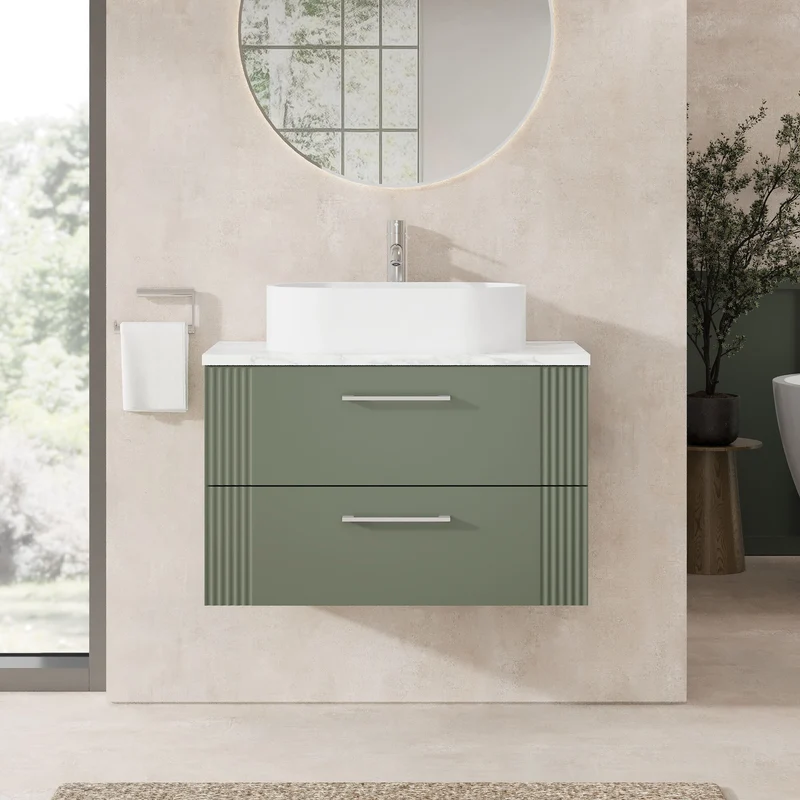 Deco 800mm Wall Hung 2 Drawer Vanity Unit & Carrera Marble Laminate Worktop - Green Satin