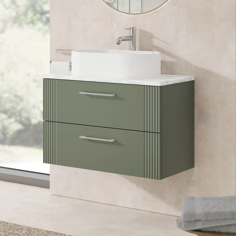Deco 800mm Wall Hung 2 Drawer Vanity Unit & Carrera Marble Laminate Worktop - Green Satin