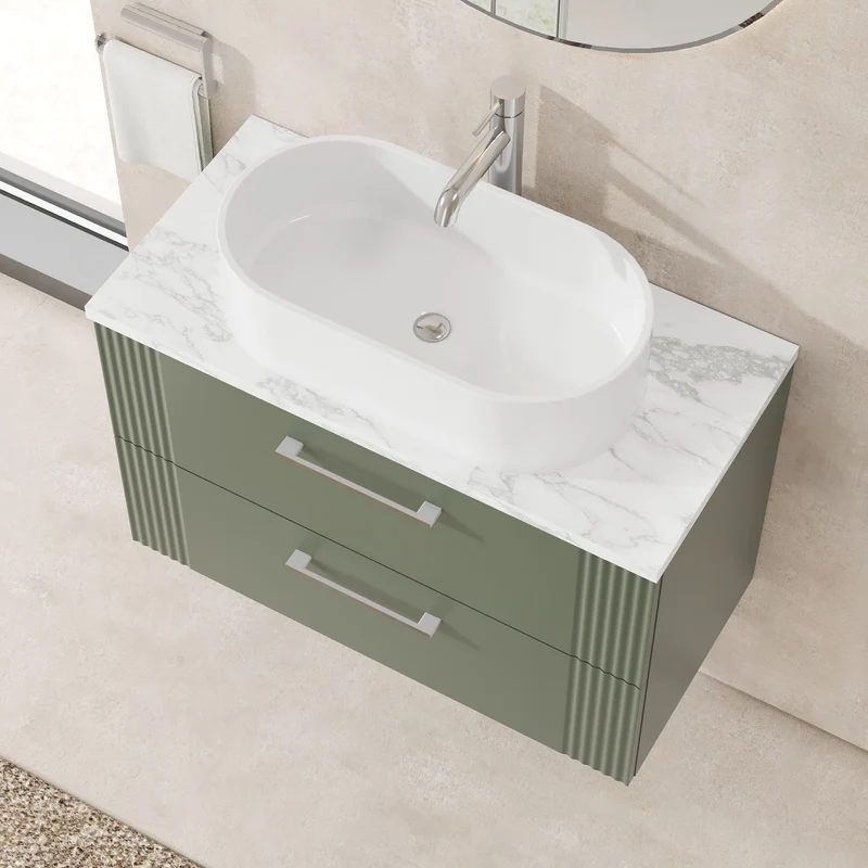 Deco 800mm Wall Hung 2 Drawer Vanity Unit & Carrera Marble Laminate Worktop - Green Satin