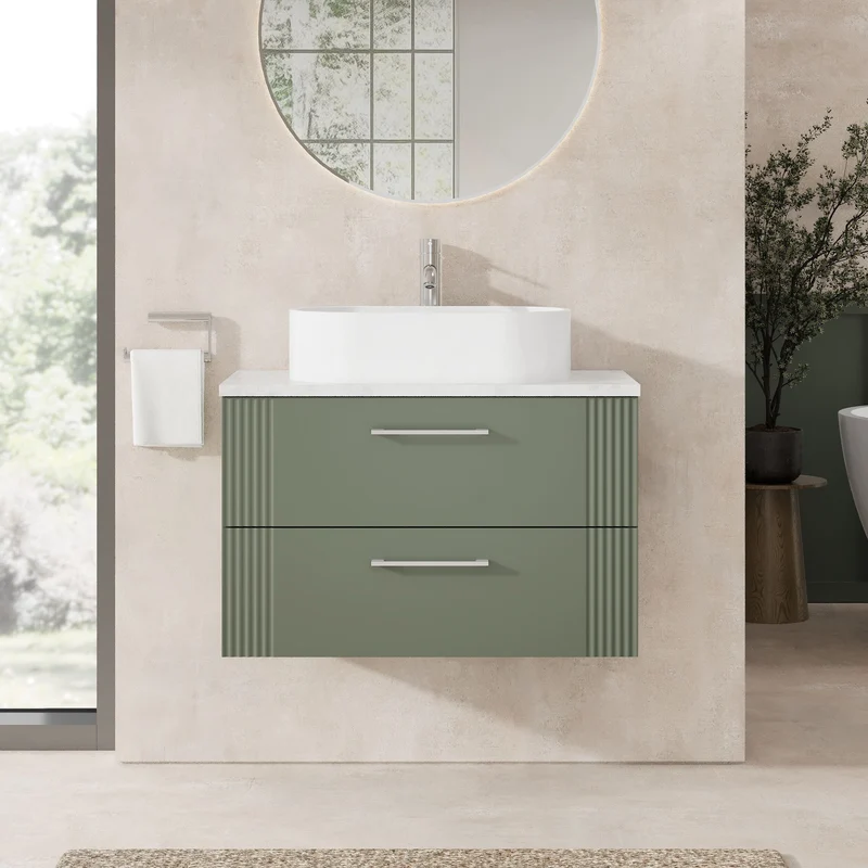 Deco 800mm Wall Hung 2 Drawer Vanity Unit & Bellato Grey Laminate Worktop - Green Satin