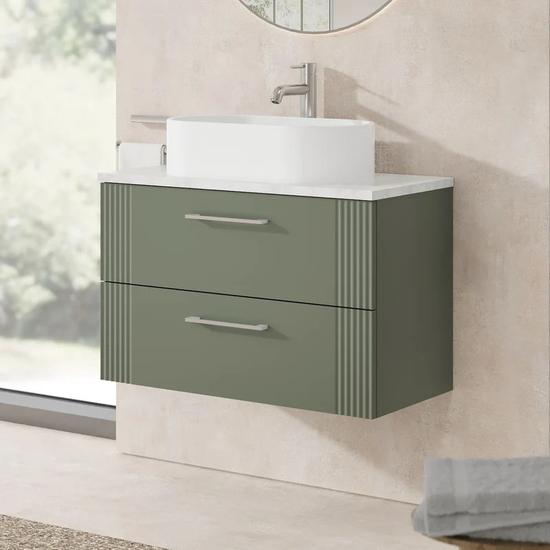 Deco 800mm Wall Hung 2 Drawer Vanity Unit & Bellato Grey Laminate Worktop - Green Satin