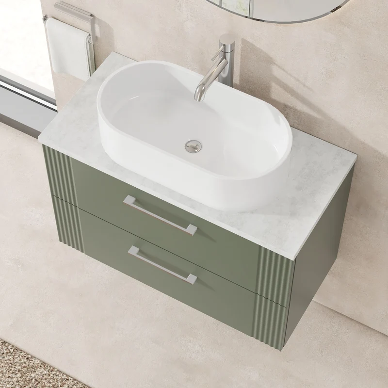 Deco 800mm Wall Hung 2 Drawer Vanity Unit & Bellato Grey Laminate Worktop - Green Satin