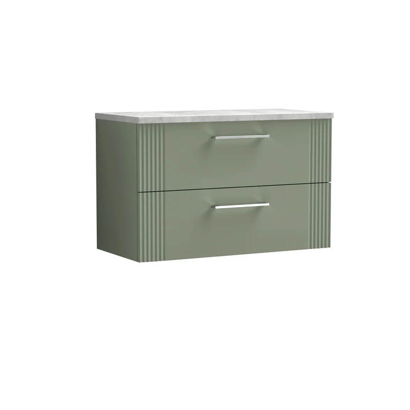 Deco 800mm Wall Hung 2 Drawer Vanity Unit & Bellato Grey Laminate Worktop - Green Satin
